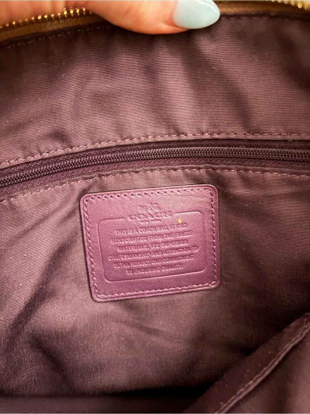 Coach Brown Signature Canvas Shoulder Bag with Dark Purple Handles